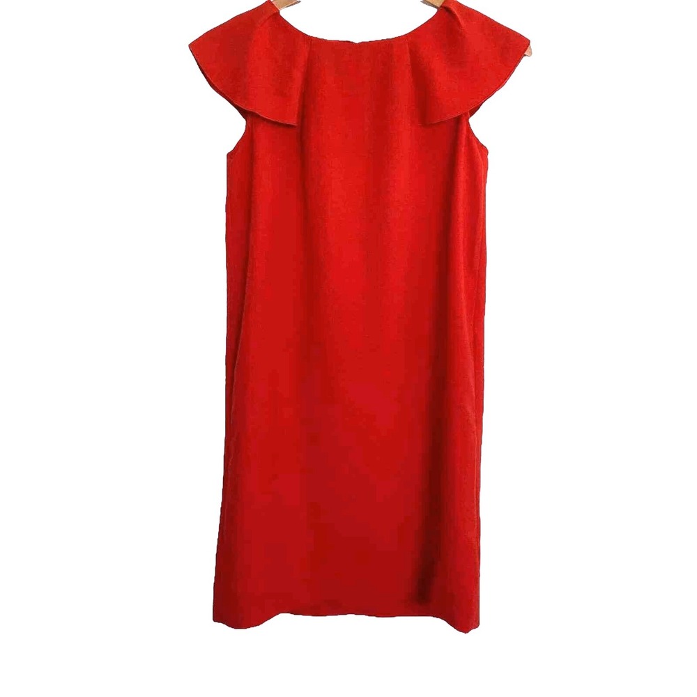 Banana Republic Shift Dress Sz 0 Ruffle Collar Sleeveless Pockets Classic Red